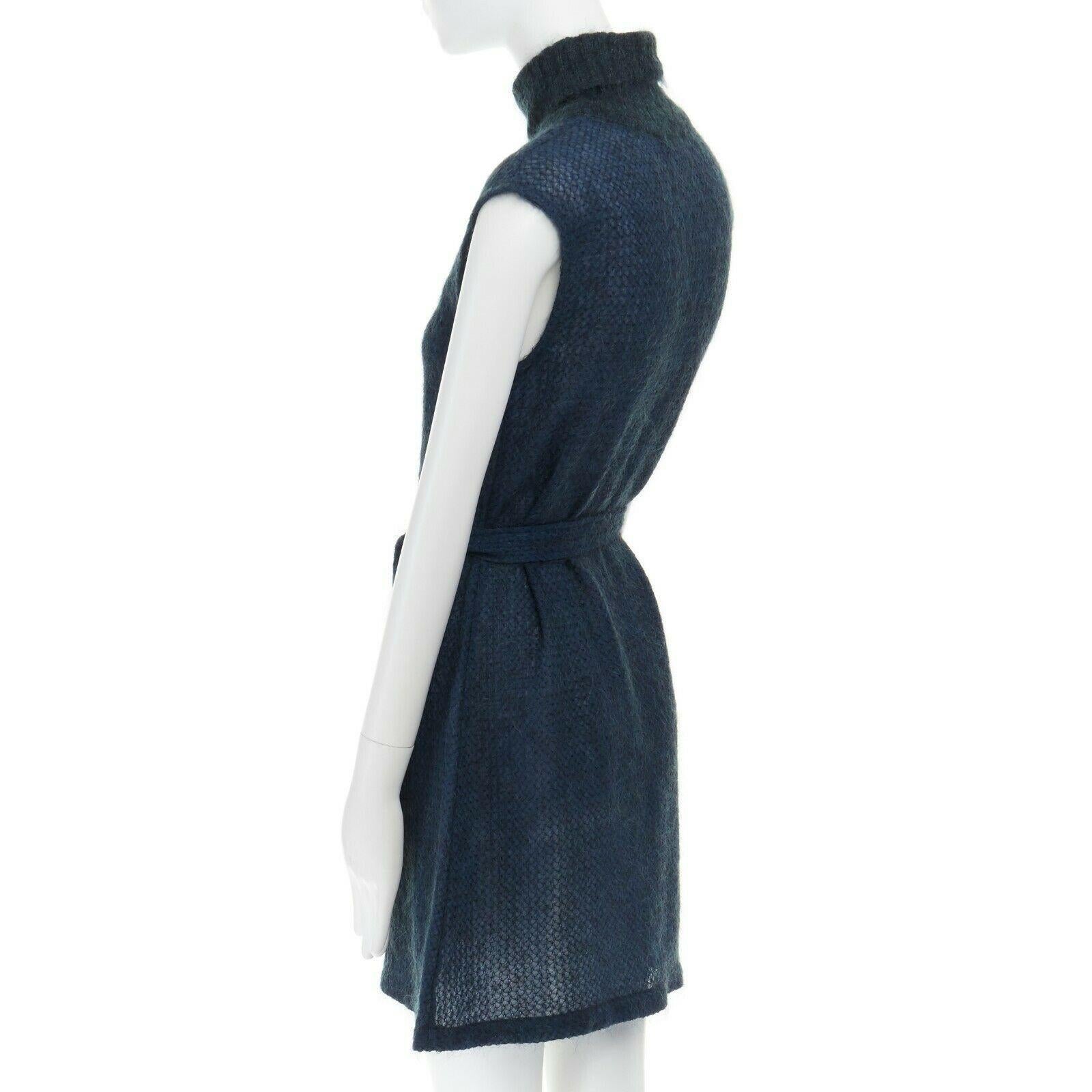 DRIES VAN NOTEN blue mohair blend stitch belted sleeveless turtleneck dress FR38 2