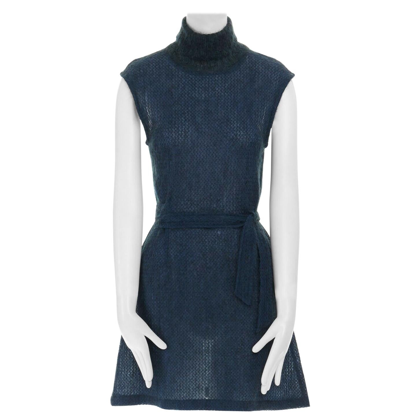 DRIES VAN NOTEN blue mohair blend stitch belted sleeveless turtleneck dress FR38