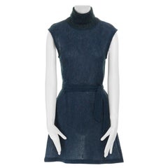 DRIES VAN NOTEN blue mohair blend stitch belted sleeveless turtleneck dress FR38