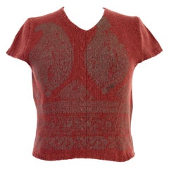 Dries Van Noten Brown Beige Pattern Short Sleeves Crop V-Neckline Sweater 1990s