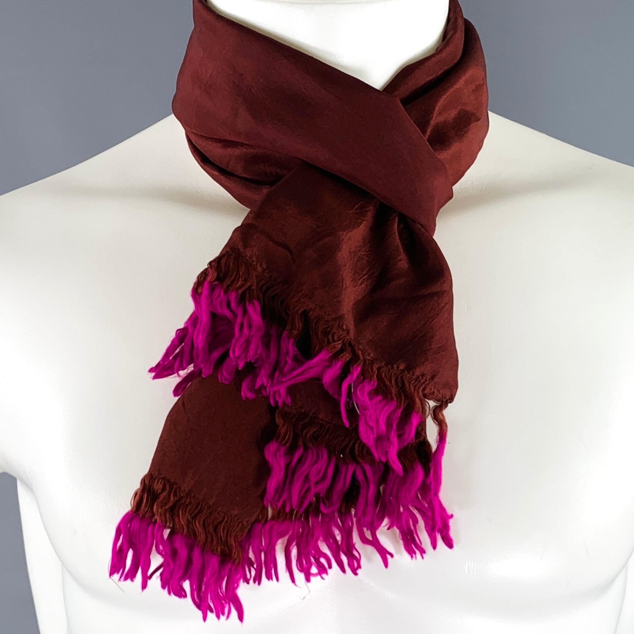 DRIES VAN NOTEN Brown Fuchsia Fringe Silk Scarf For Sale 1