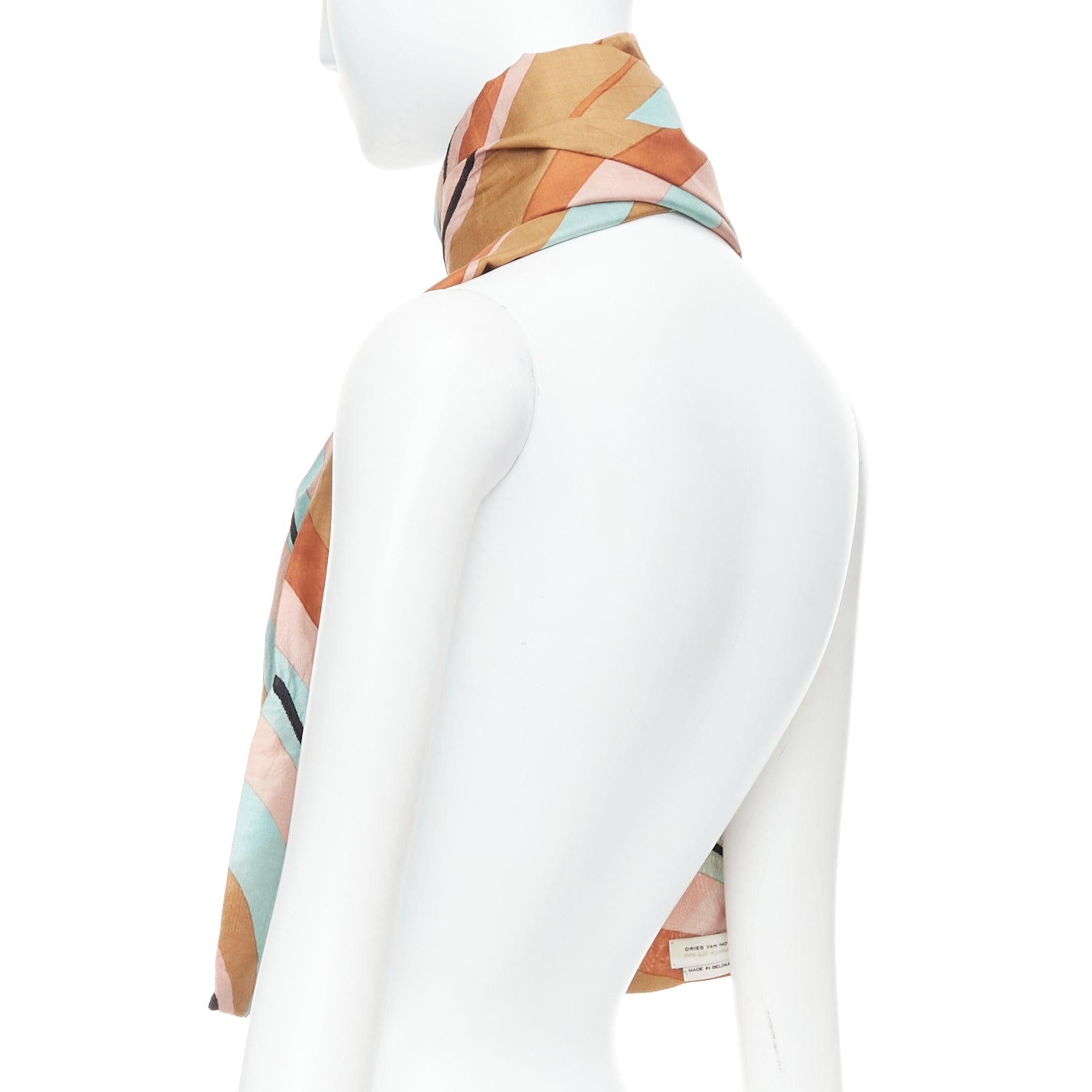 DRIES VAN NOTEN brown green multicolor 100% silk printed scarf For Sale 1