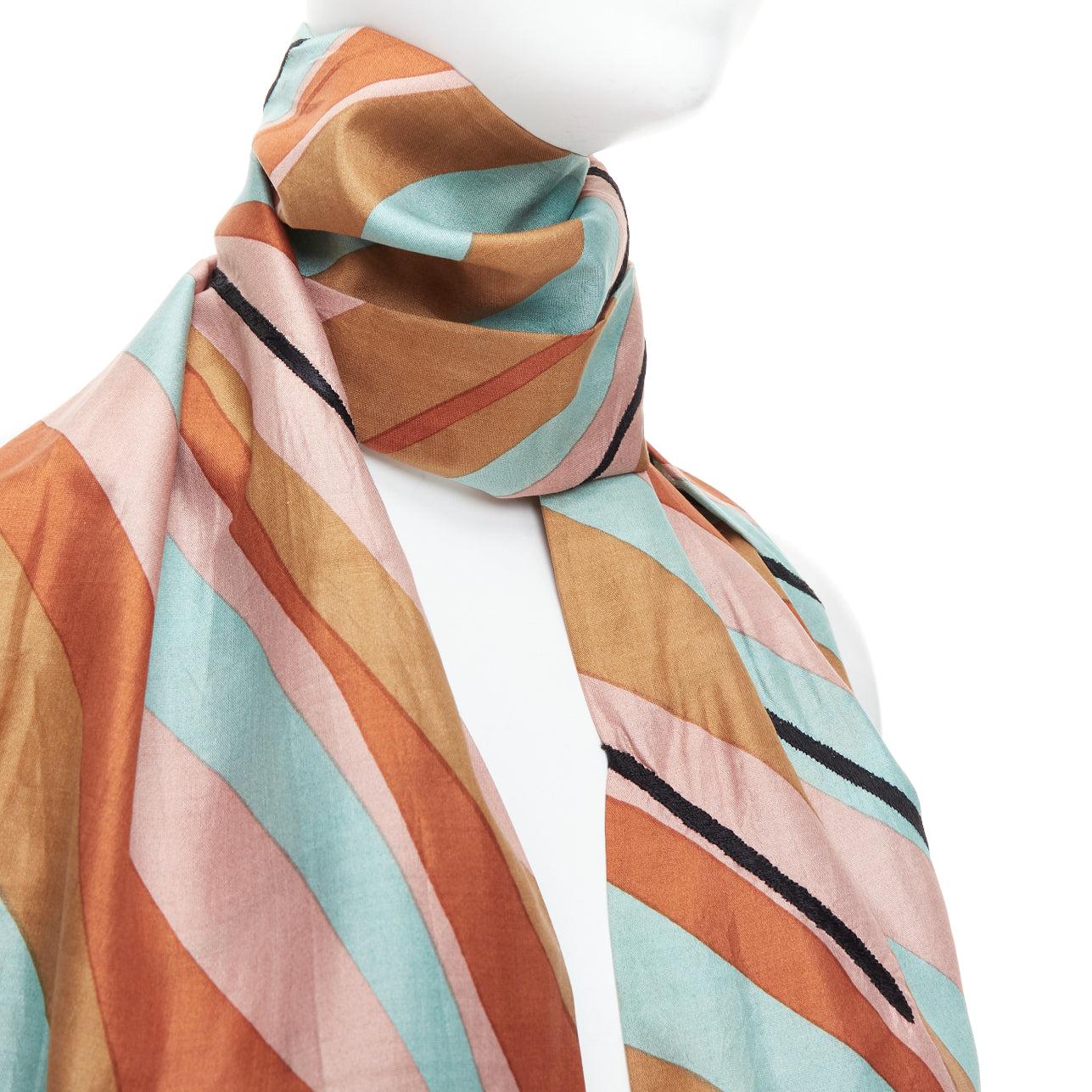 DRIES VAN NOTEN brown green multicolor 100% silk printed scarf For Sale 2