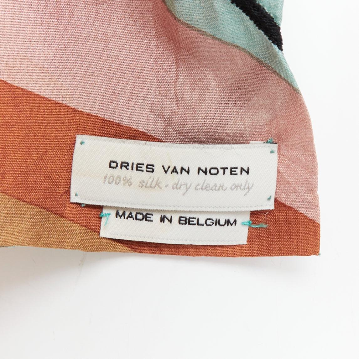 DRIES VAN NOTEN brown green multicolor 100% silk printed scarf For Sale 3