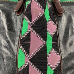 DRIES VAN NOTEN Brown & Green Patchwork Beaded Leather Handbag