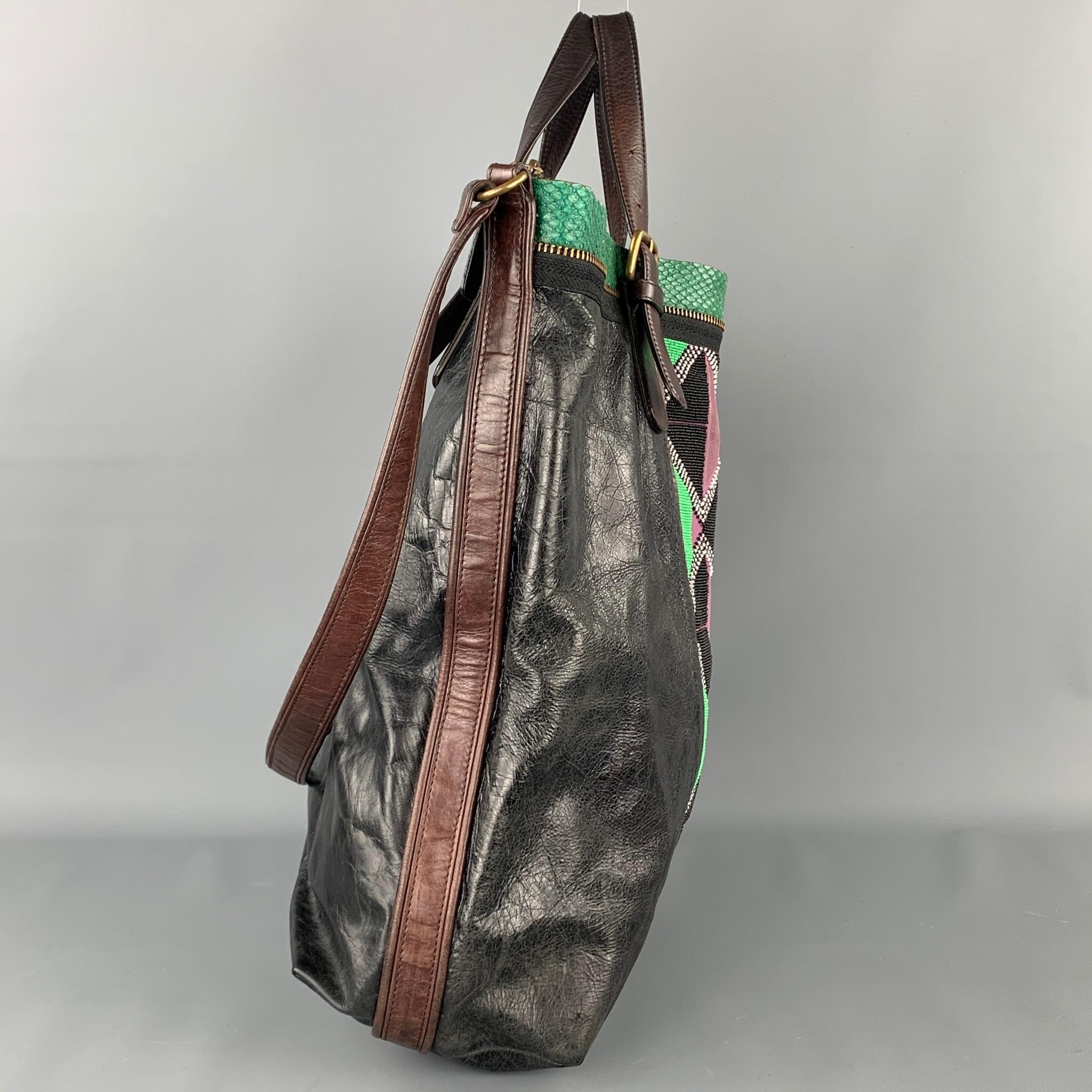 Black DRIES VAN NOTEN Brown & Green Patchwork Beaded Leather Handbag