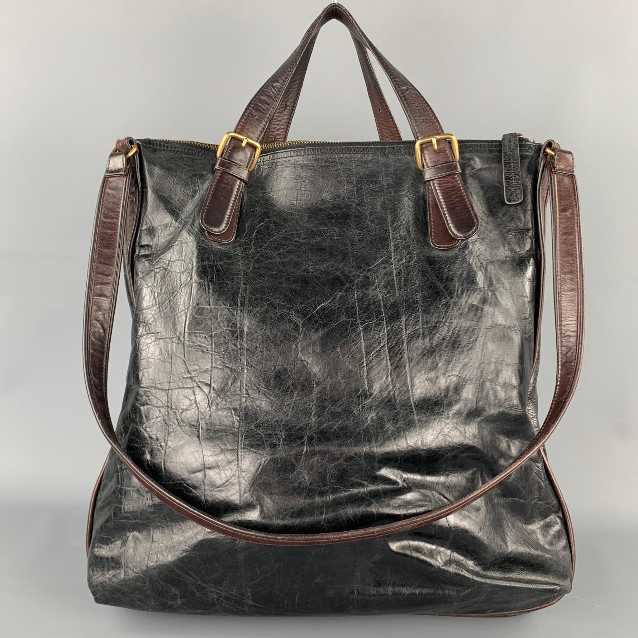DRIES VAN NOTEN Brown & Green Patchwork Beaded Leather Handbag In Good Condition In San Francisco, CA