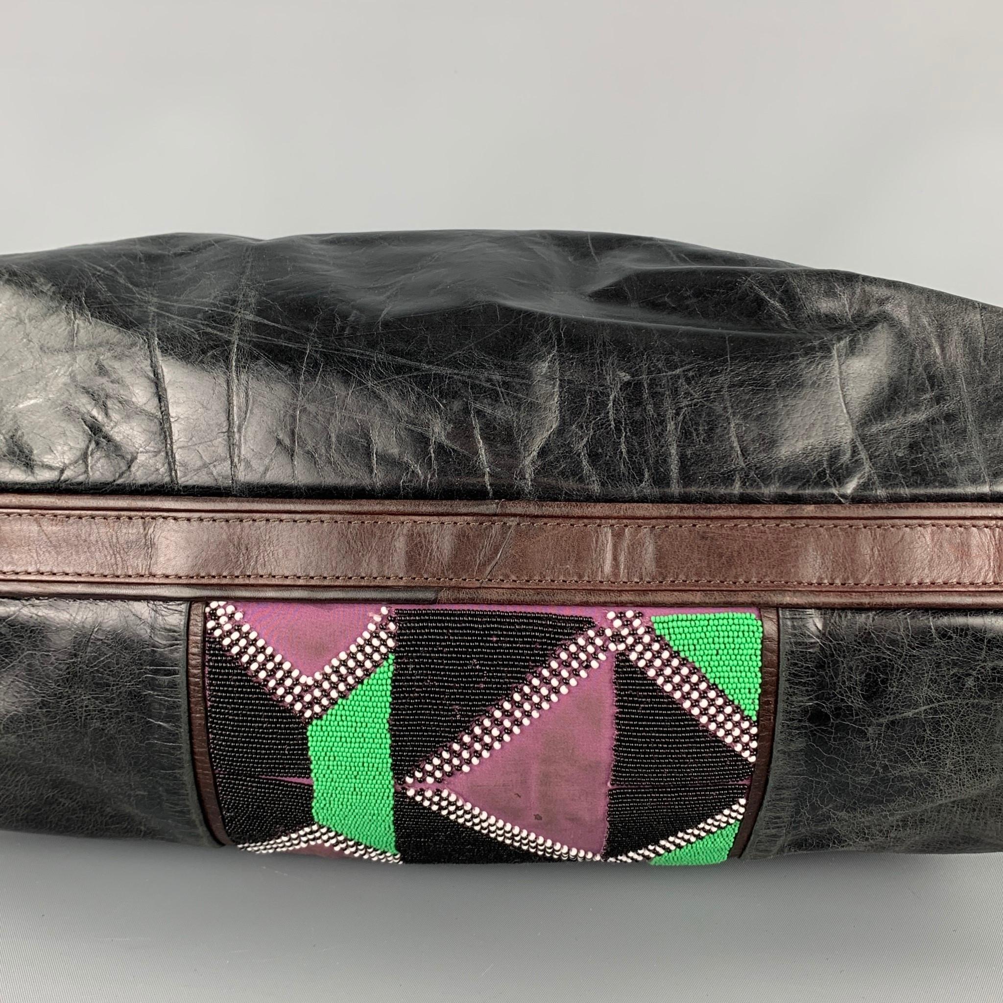 DRIES VAN NOTEN Brown & Green Patchwork Beaded Leather Handbag 1