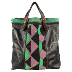 DRIES VAN NOTEN Brown & Green Patchwork Beaded Leather Handbag