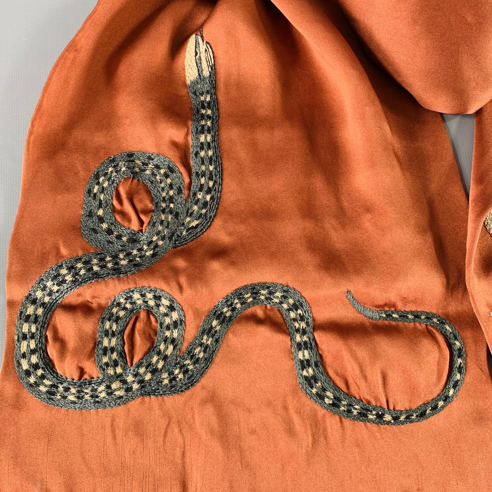DRIES VAN NOTEN Brown Grey Embroidered Snake Silk Satin Scarf In Good Condition In San Francisco, CA