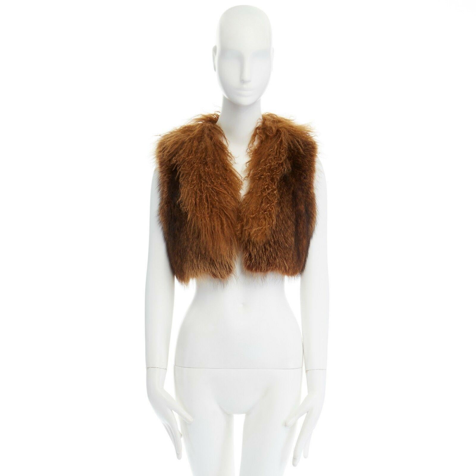 Brown DRIES VAN NOTEN brown racoon fur lamb shearling trimmed cropped vest jacket L