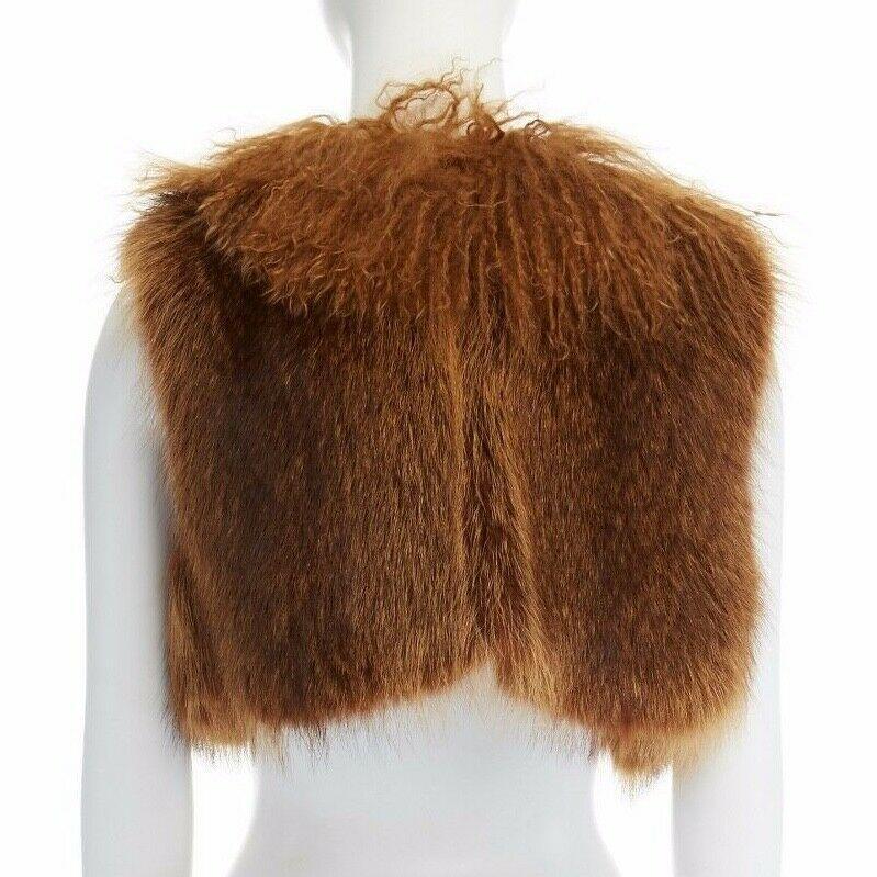 DRIES VAN NOTEN brown racoon fur lamb shearling trimmed cropped vest jacket L In Excellent Condition In Hong Kong, NT