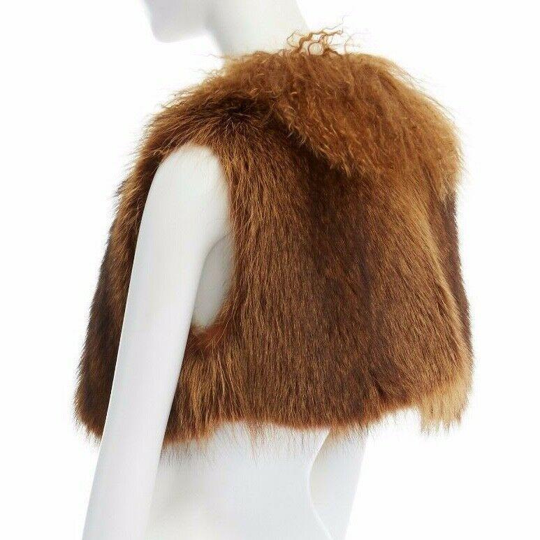 Women's DRIES VAN NOTEN brown racoon fur lamb shearling trimmed cropped vest jacket L