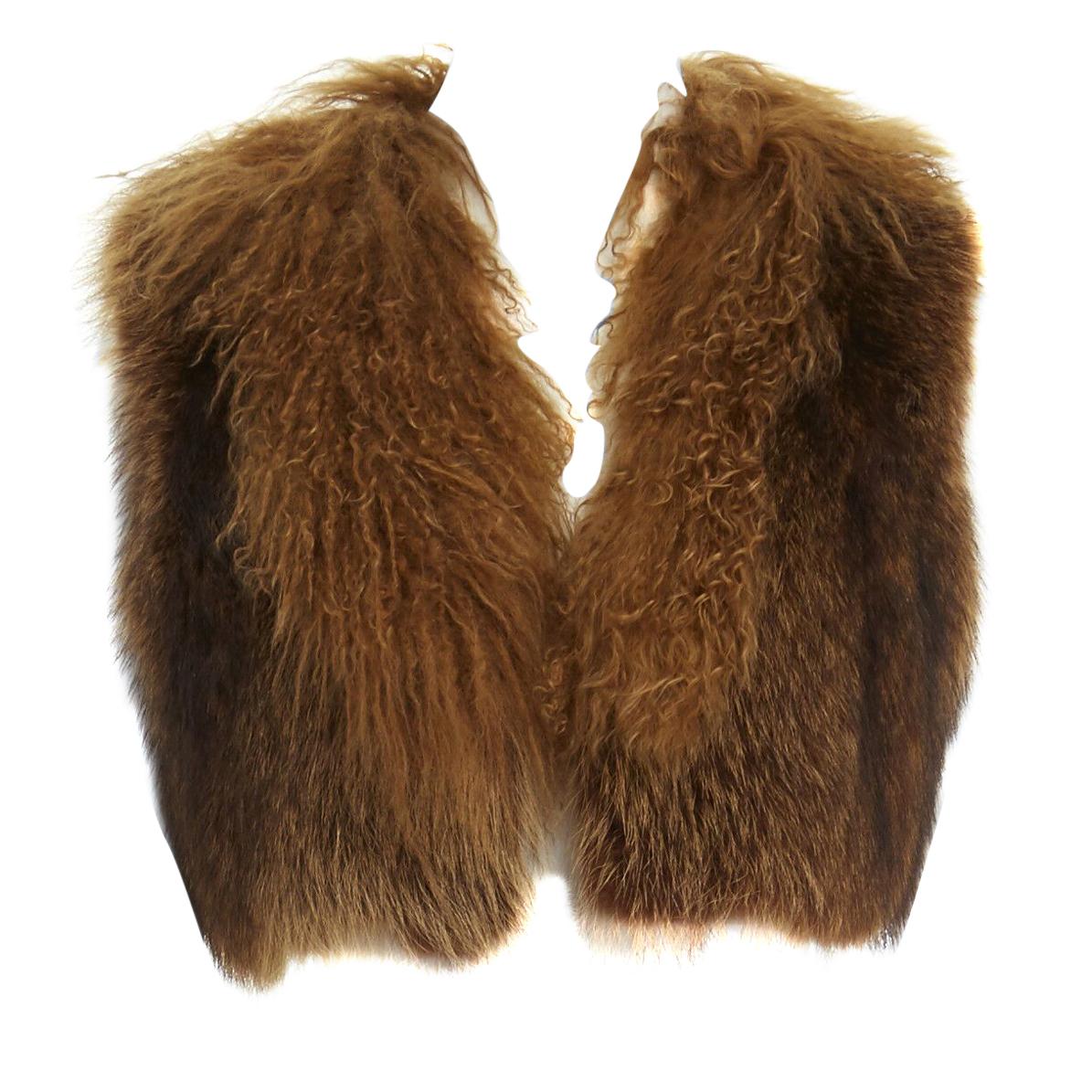 DRIES VAN NOTEN brown racoon fur lamb shearling trimmed cropped vest jacket L