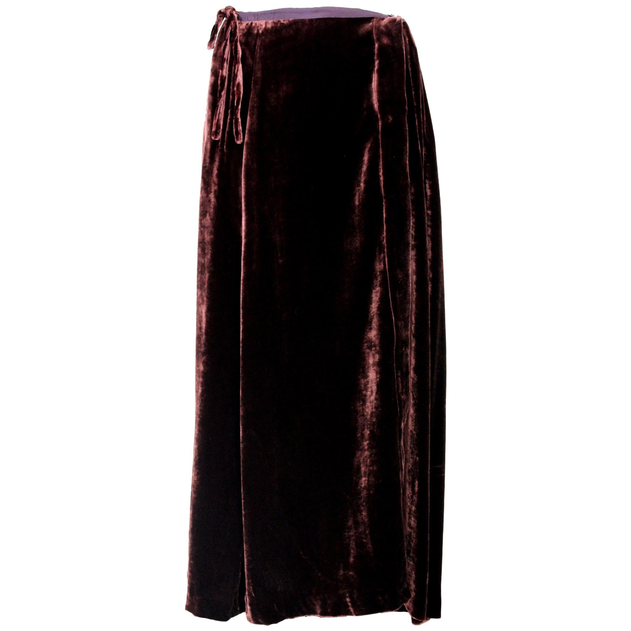 Dries Van Noten Brown Silk Velvet Long Evening Skirt 1990s 