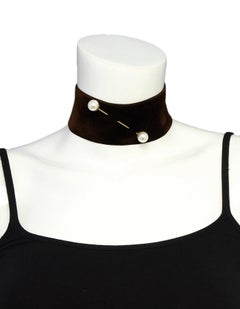 Dries Van Noten Brown Velvet Choker w/ Pearl