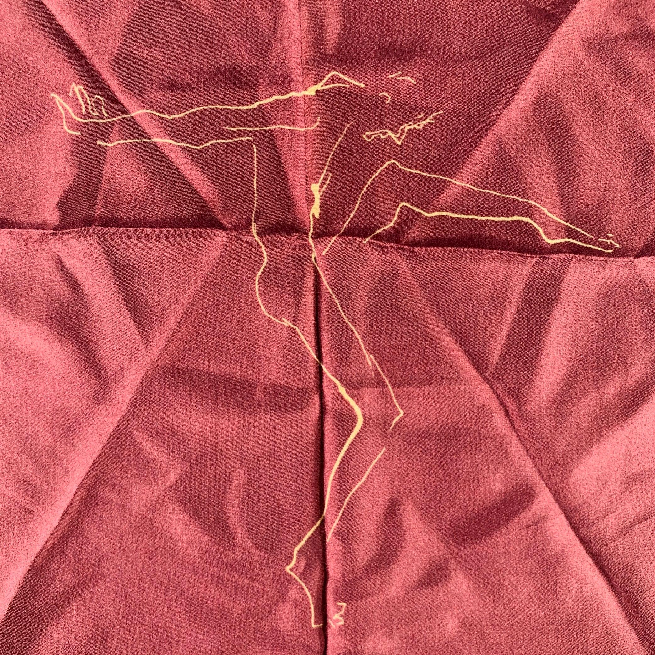 DRIES VAN NOTEN
pocket square in a burgundy silk featuring a beige line drawing of a dancing figure, and fringe border.Very Good Pre-Owned Condition. 

Measurements: 
  13.25 inches  x 13 inches 
  
  
 
Sui Generis Reference: 132402
Category: