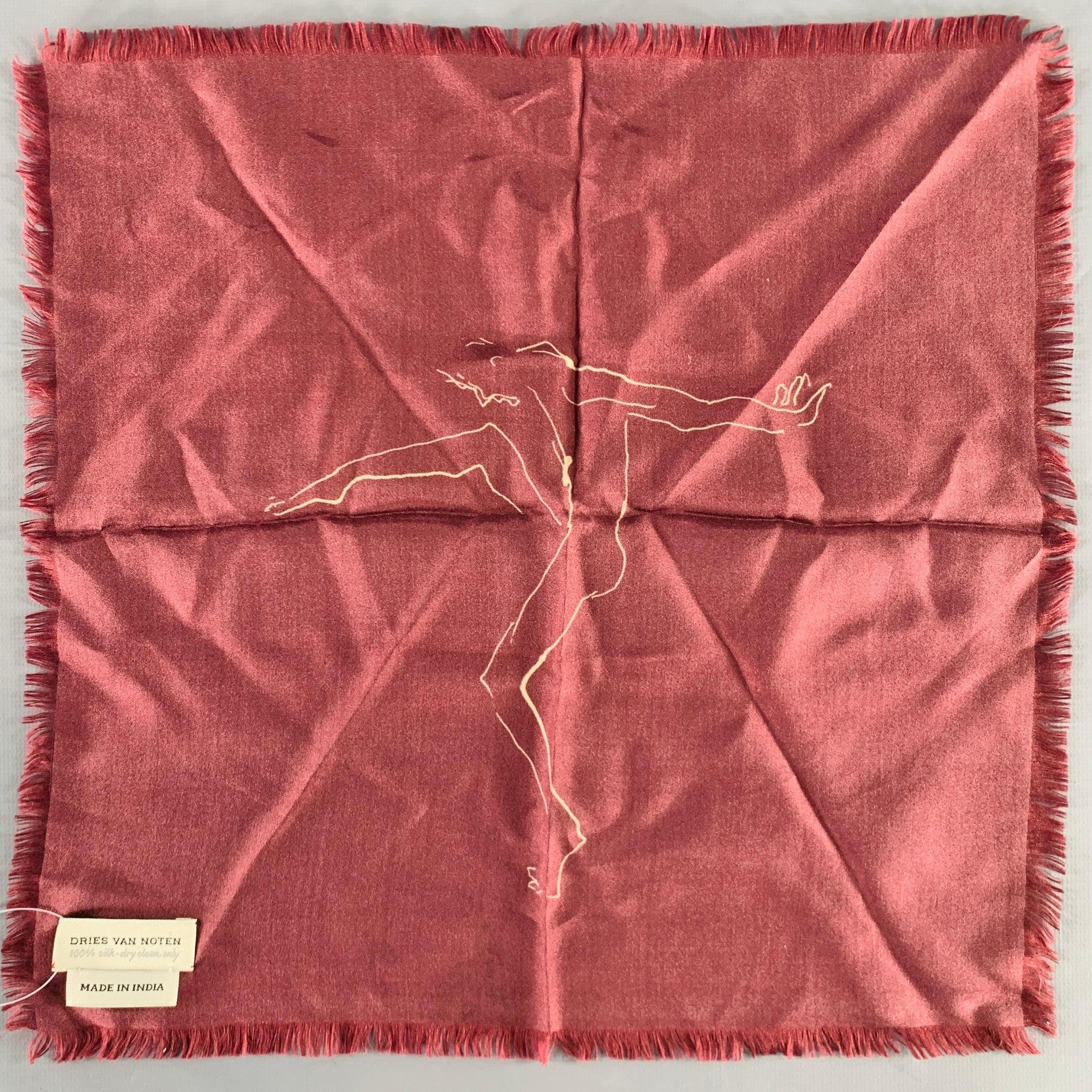 DRIES VAN NOTEN Burgundy Beige Dancing Man Silk Pocket Square In Good Condition In San Francisco, CA