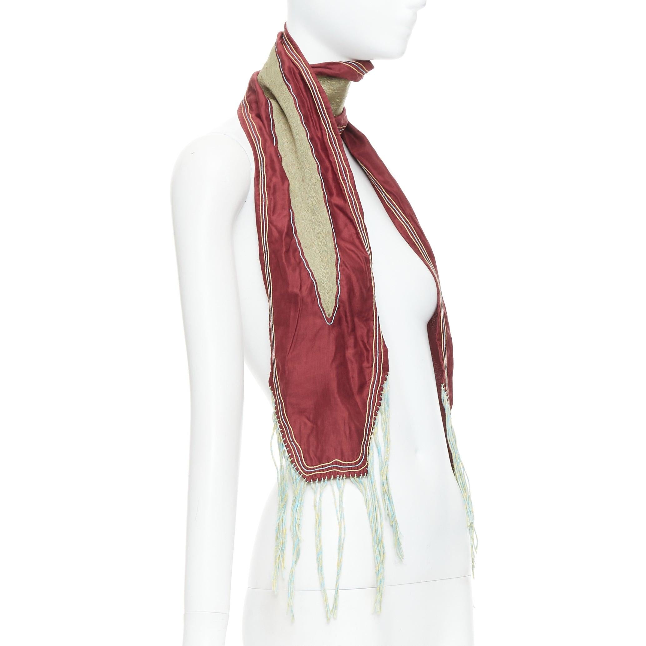 Red DRIES VAN NOTEN burgundy green silk cotton fringe wrap scarf