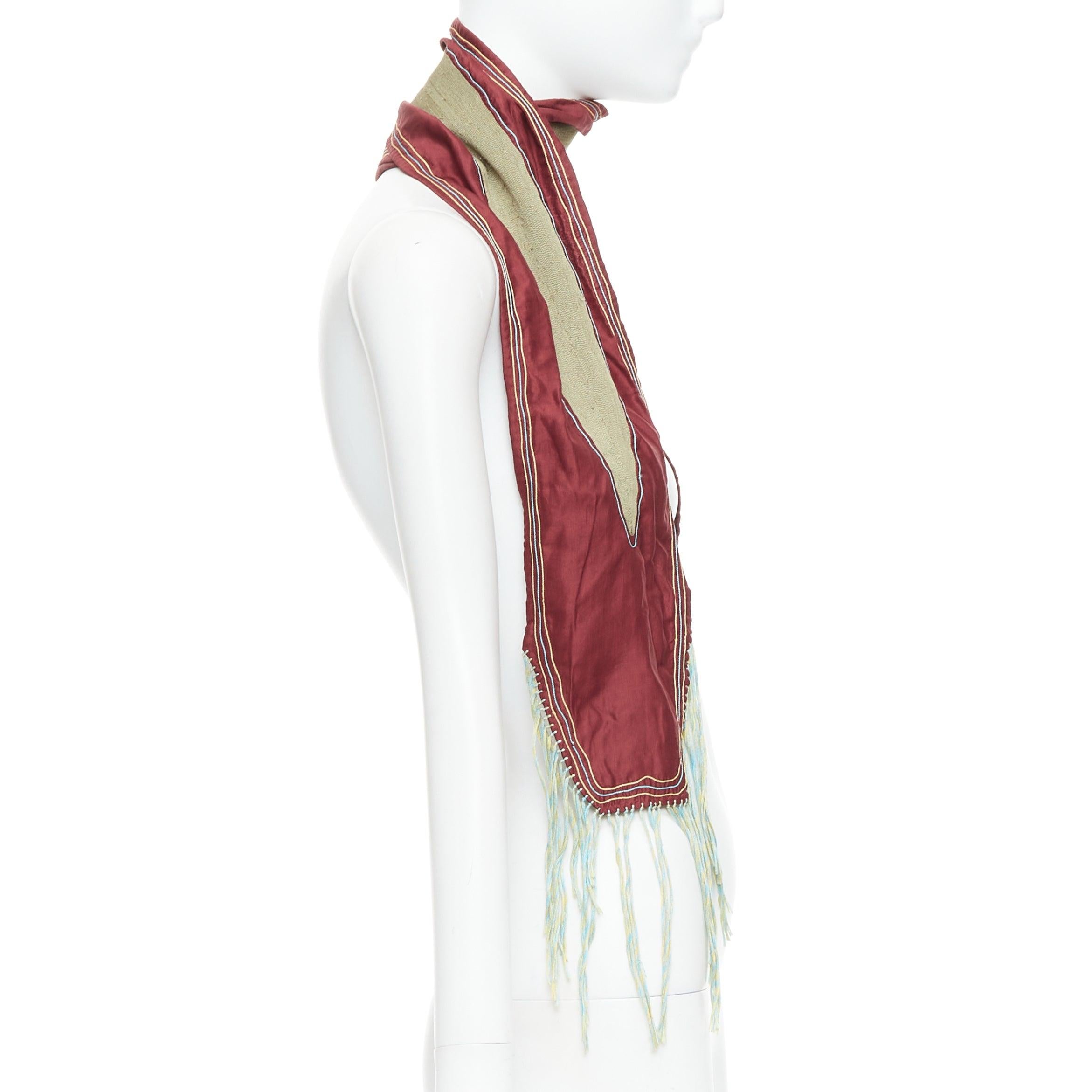 DRIES VAN NOTEN burgundy green silk cotton fringe wrap scarf In Excellent Condition In Hong Kong, NT