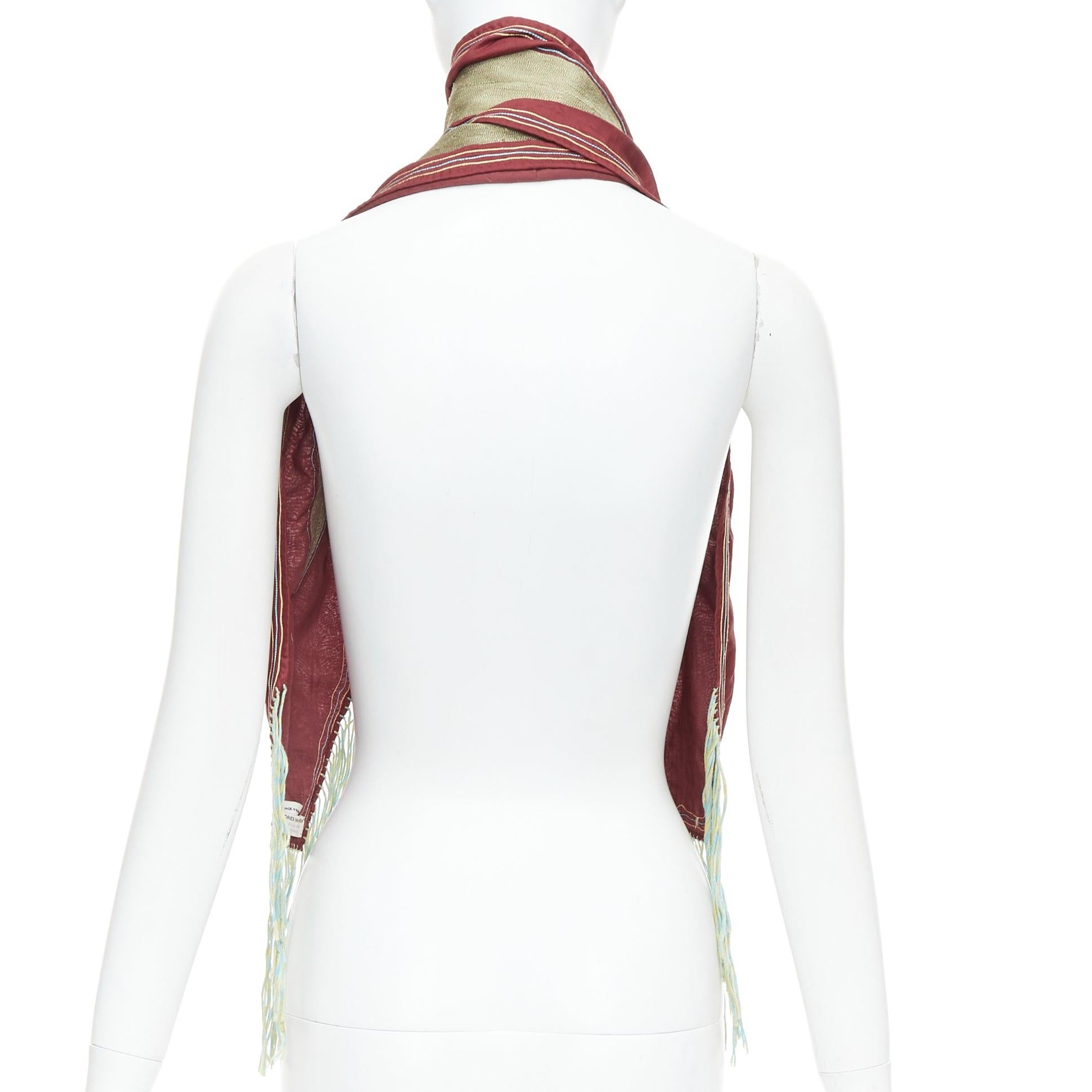 Men's DRIES VAN NOTEN burgundy green silk cotton fringe wrap scarf