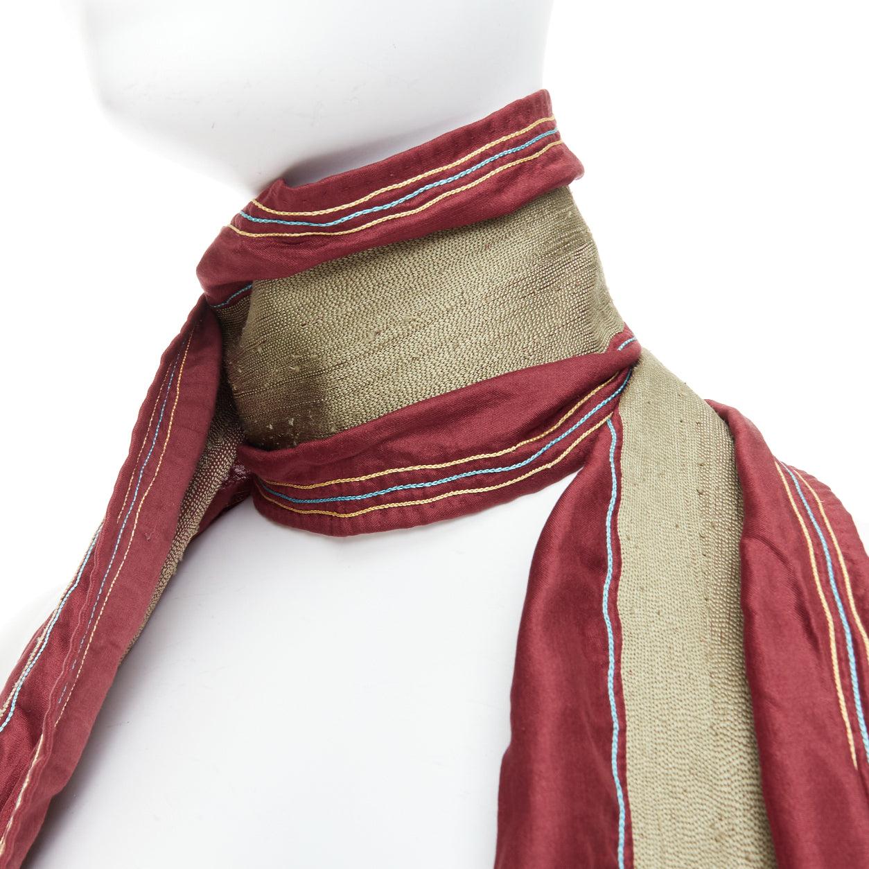 DRIES VAN NOTEN burgundy green silk cotton fringe wrap scarf 2
