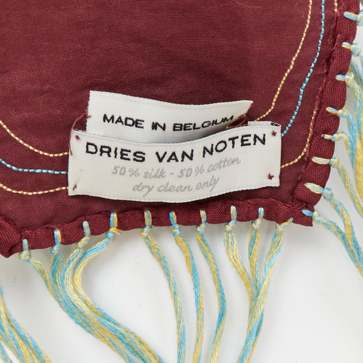 DRIES VAN NOTEN burgundy green silk cotton fringe wrap scarf 3