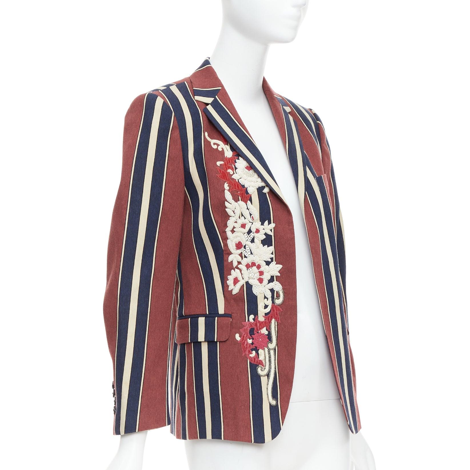 Marrone DRIES VAN NOTEN blazer in lana e lino a righe floreali bordeaux navy FR36 S in vendita