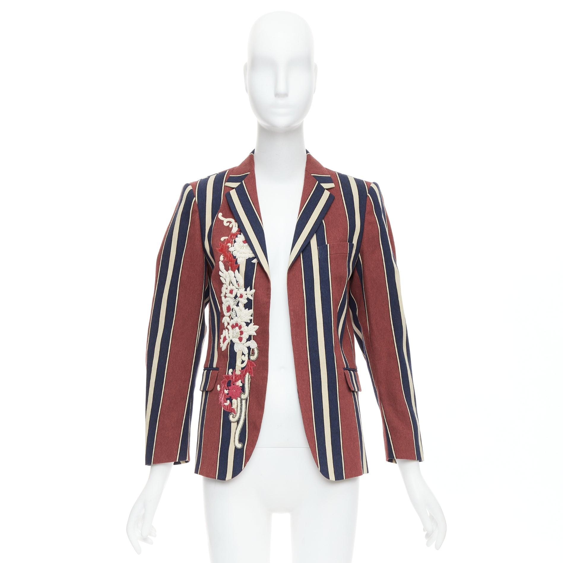 DRIES VAN NOTEN blazer in lana e lino a righe floreali bordeaux navy FR36 S in vendita 4