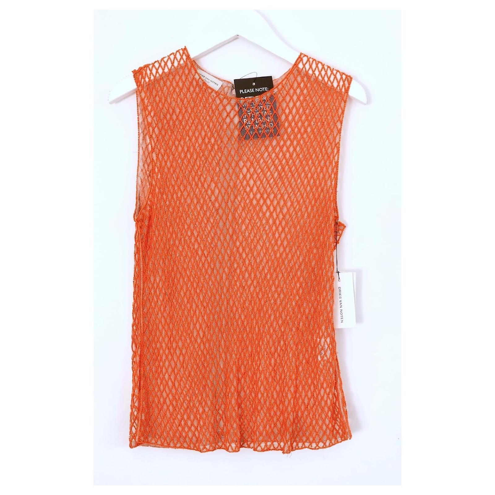 Gorgeous Dries Van Noten Centila embellished top from the SS19 Collection. Bought for $1200 and new with tags and spare beads. Has a soft nude tulle base with bright orange beaded latticing throughout. Has low cut arm holes, slit hem and long zip to