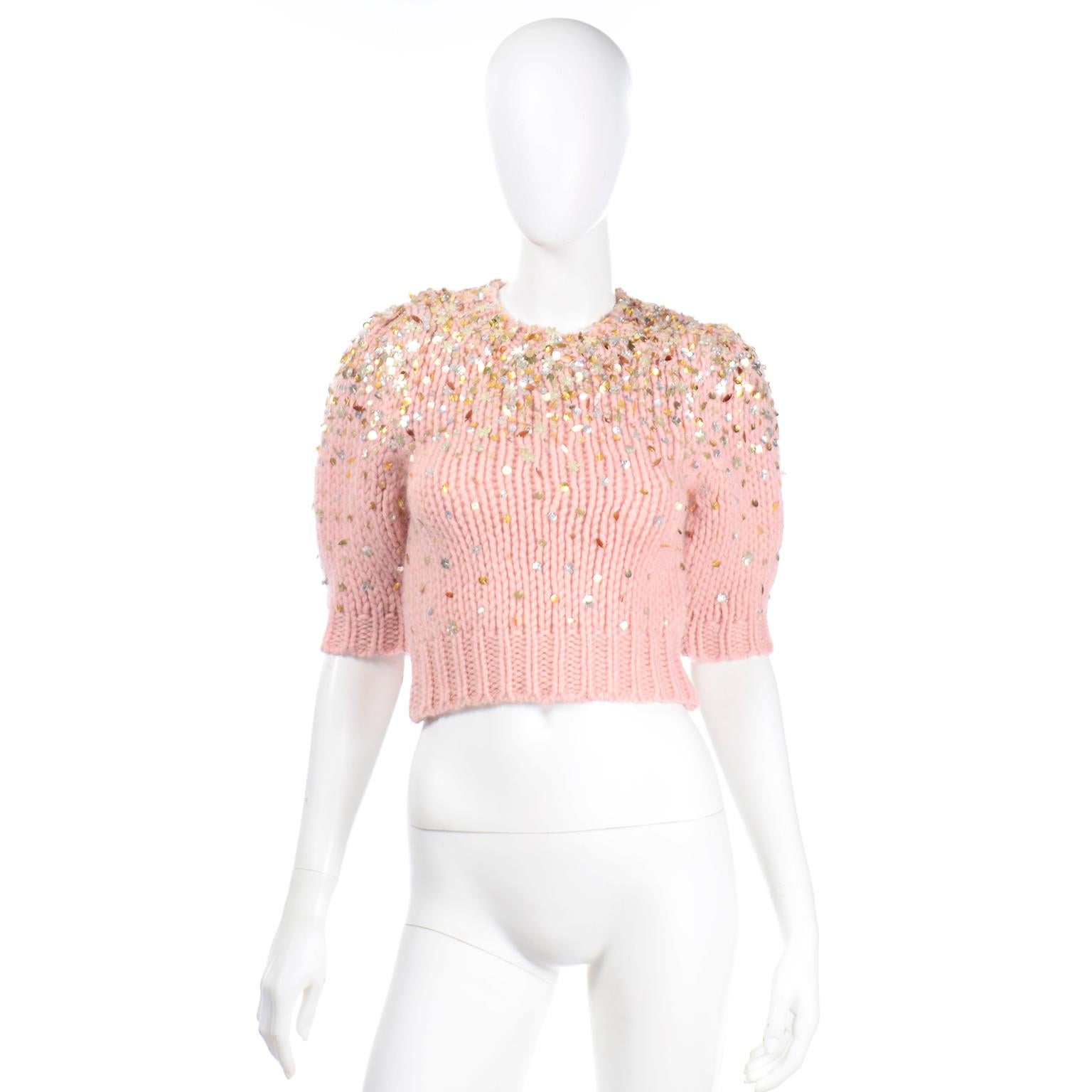 Dries Van Noten Chunky Pullover aus Wolle und Mohair in Rosa mit Pailletten im Zustand „Hervorragend“ in Portland, OR