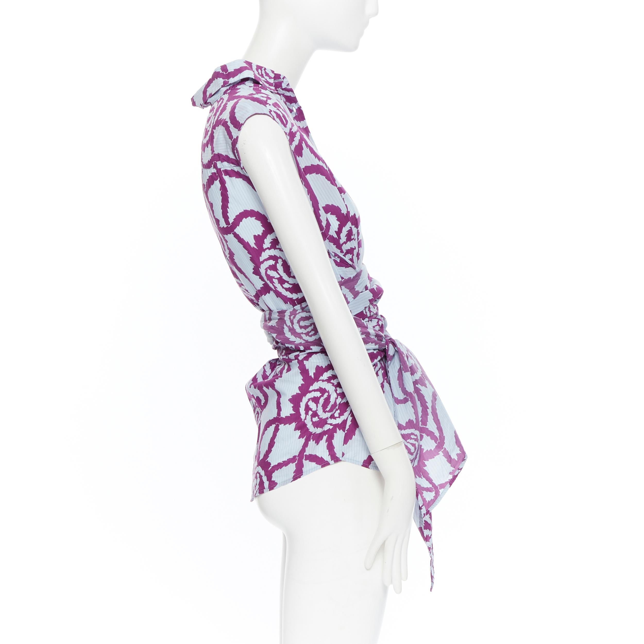 Purple DRIES VAN NOTEN cotton cupro bluhe floral bring wrap tie sleeveless shirt FR36