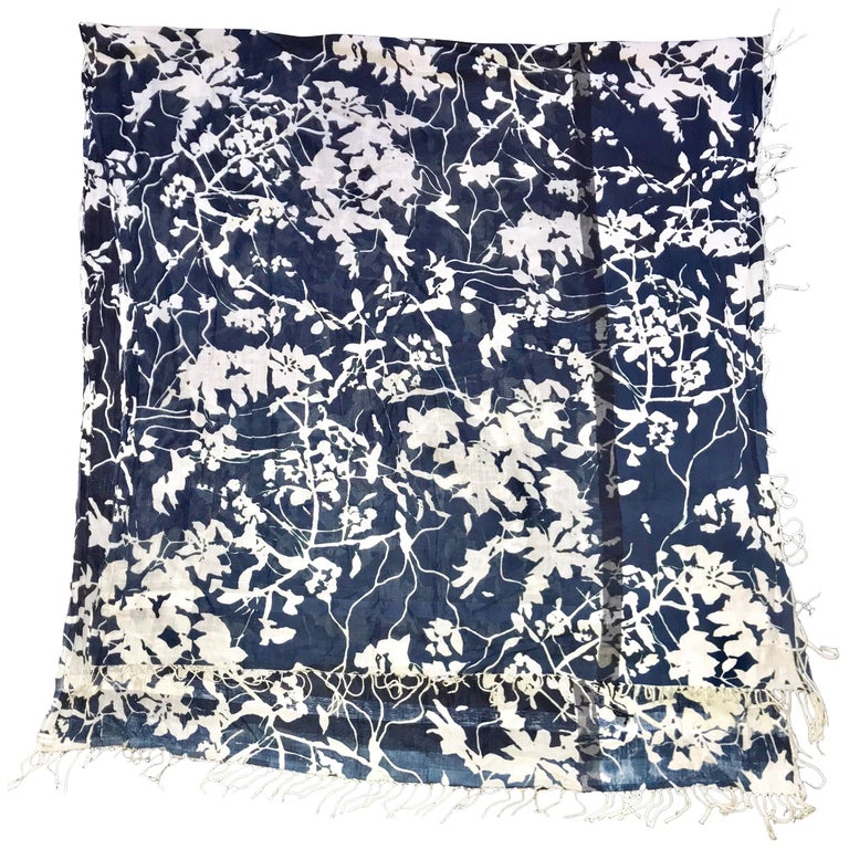 Dries Van Noten Cotton Scarf Shawl In Blue And White Foliage Dries Van Noten Cotton Scarf Shawl In Blue And White Foliage Cyanotype Print For