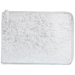 DRIES VAN NOTEN crinkled metallic silver leather dual zip flat clutch bag