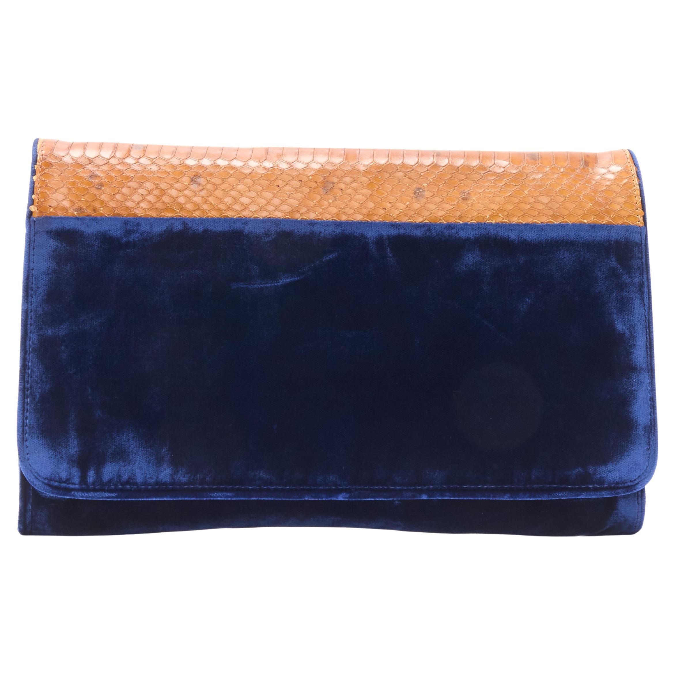 DRIES VAN NOTEN dark blue velvet brown scaled leather flap clutch bag