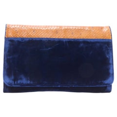 DRIES VAN NOTEN dark blue velvet brown scaled leather flap clutch bag