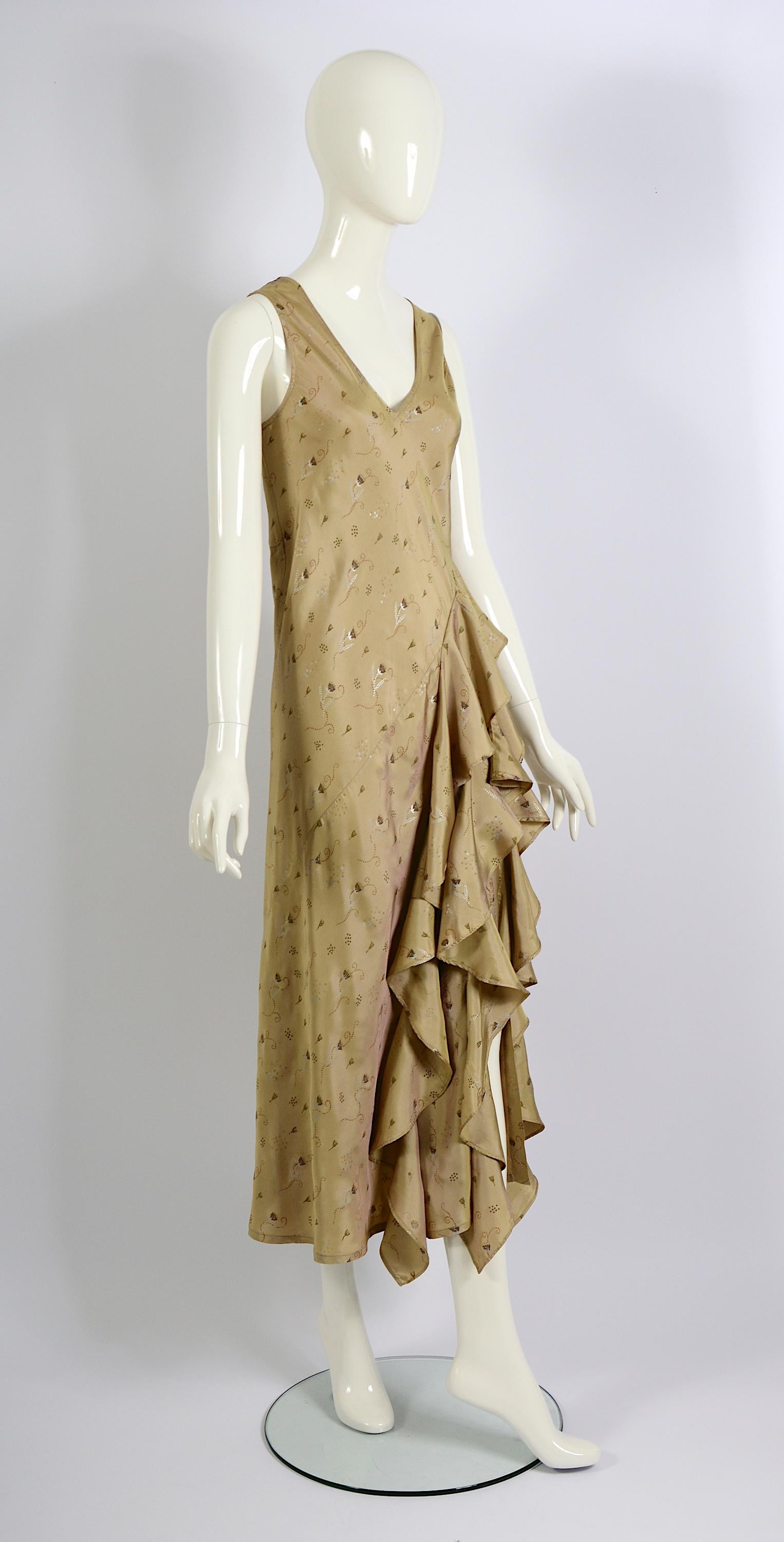 Brown Dries van Noten Fall Winter 1998 Bias Cut Ruffled Flower Print Slip-On Dress For Sale