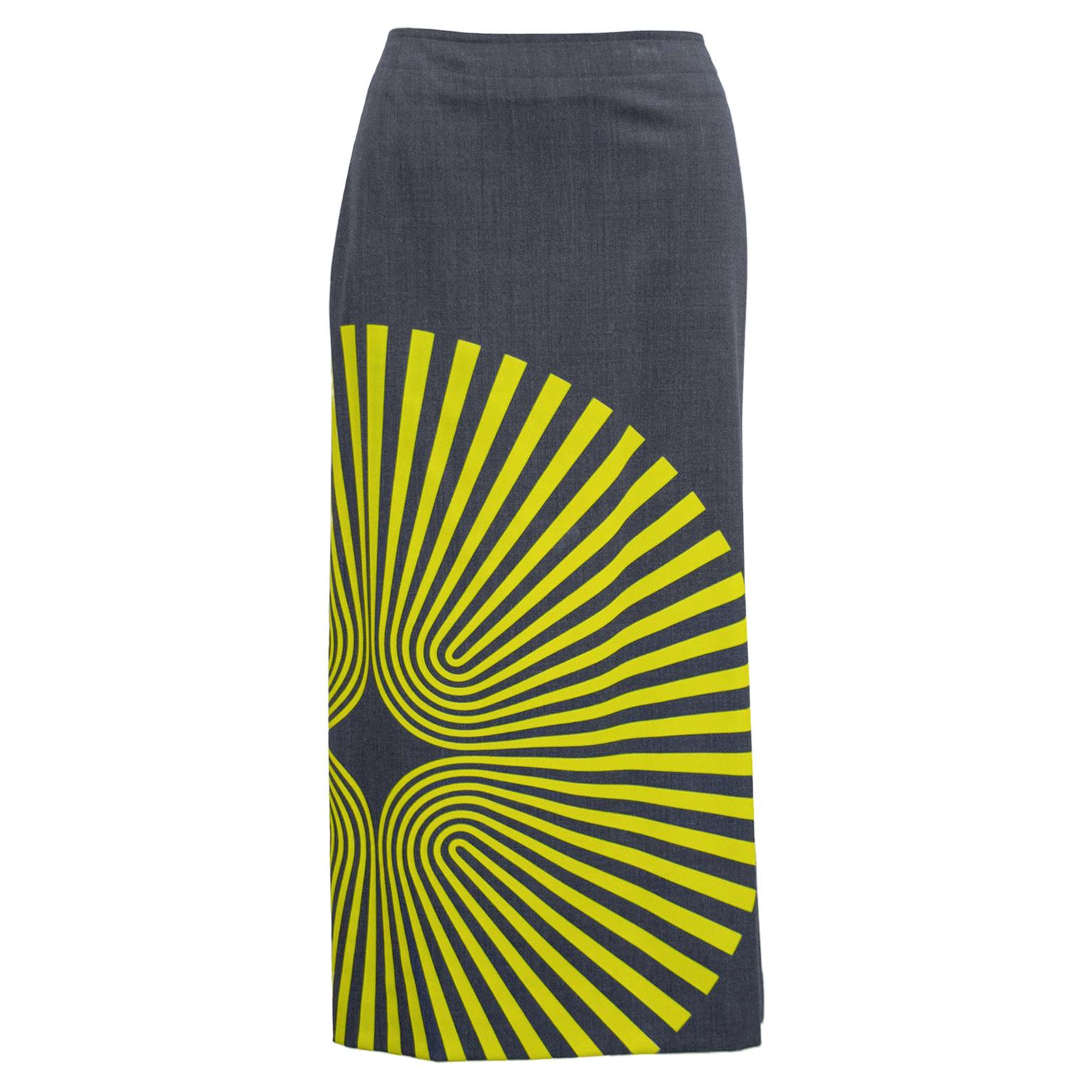 Dries Van Noten Fall 2014 Yellow Spiral Print Pencil Skirt in Grey