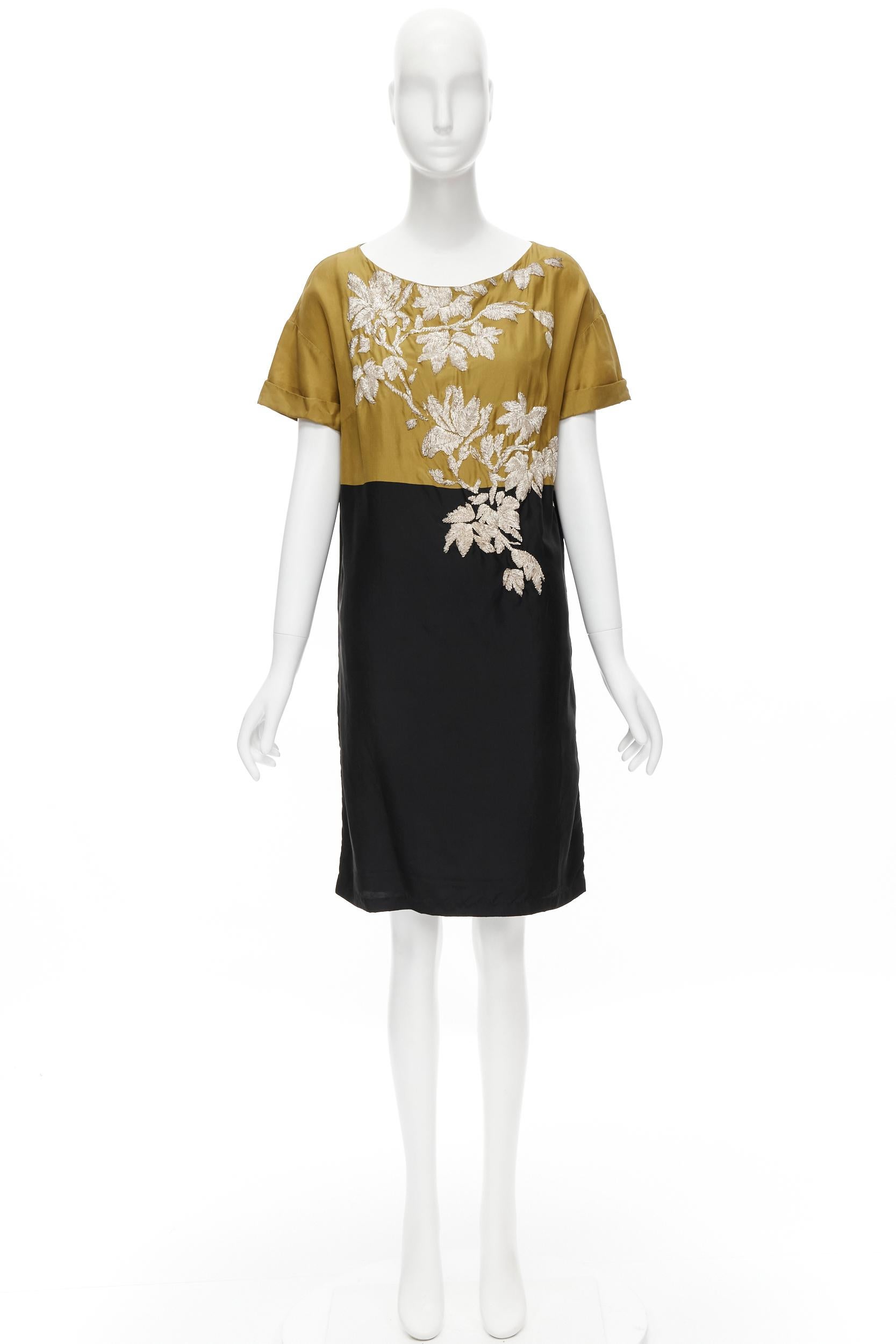 DRIES VAN NOTEN gold black silk gold floral embroidery shift dress FR38 S 4