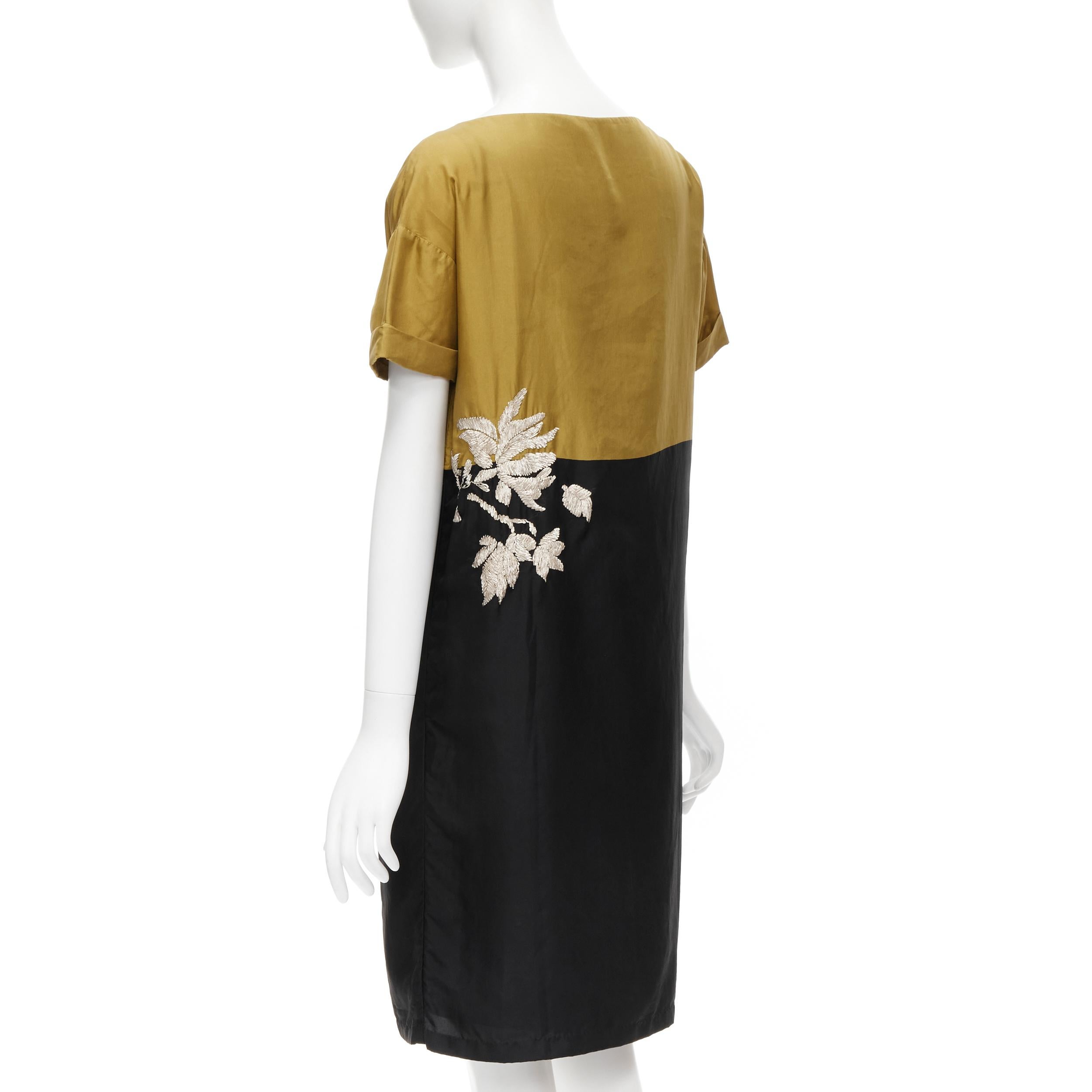 Beige DRIES VAN NOTEN gold black silk gold floral embroidery shift dress FR38 S