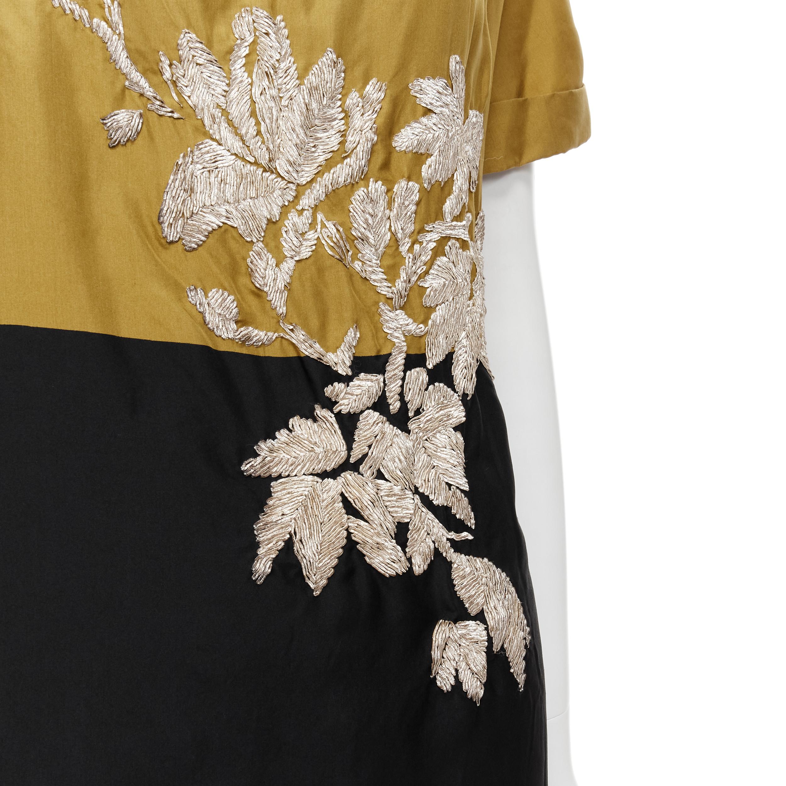 Women's DRIES VAN NOTEN gold black silk gold floral embroidery shift dress FR38 S