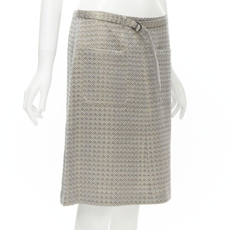 Gray DRIES VAN NOTEN gold coated jacquard cotton belted knee lnegth skirt FR36 S For Sale