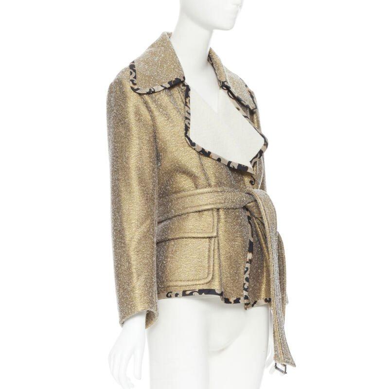 DRIES VAN NOTEN gold coated wool oriental floral trimmed belted jacket S In Excellent Condition For Sale In Hong Kong, NT