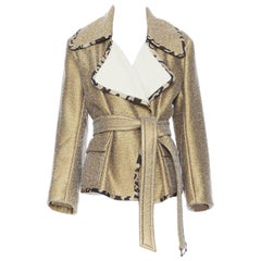 DRIES VAN NOTEN gold coated wool oriental floral trimmed belted jacket S