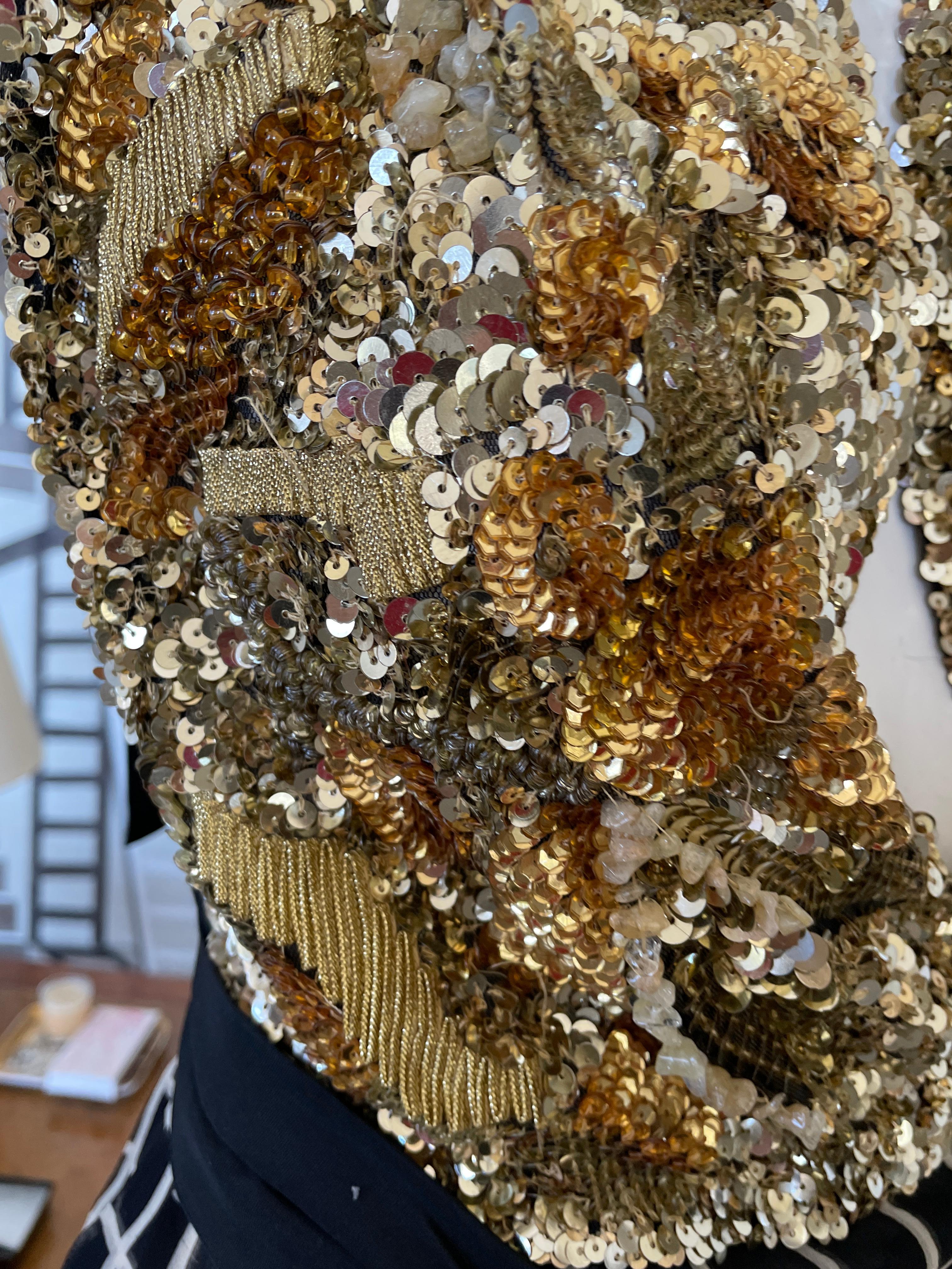 Dries van Noten Gold Embellished Low Cut SIlk Halter Top In Excellent Condition For Sale In Cloverdale, CA