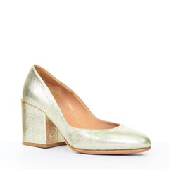 DRIES VAN NOTEN gold metallic leather round toe chunky block heel pumps EU36.5
