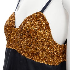 DRIES VAN NOTEN gold sequins bustier navy viscose slip dress FR38 S