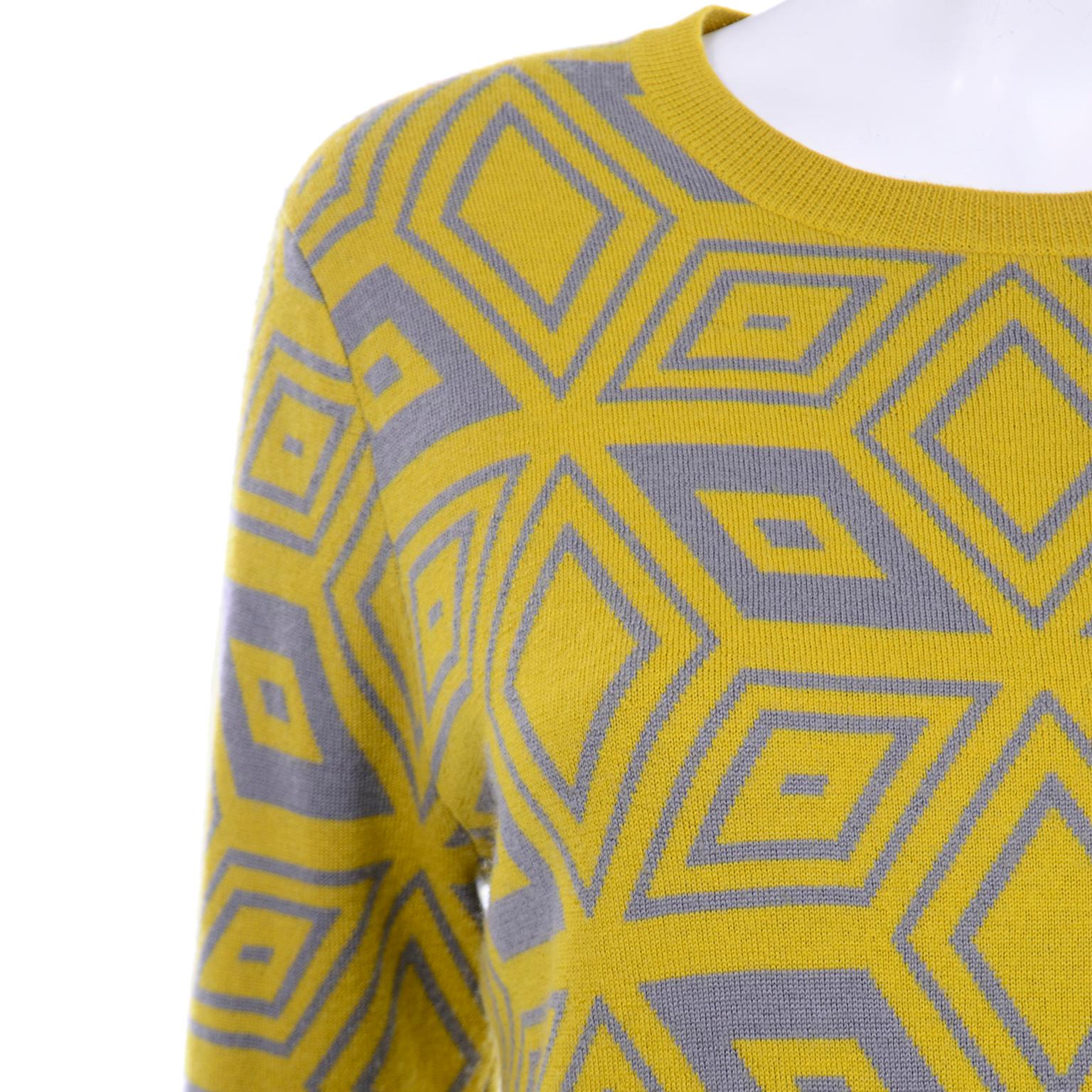 Dries Van Noten Gray and Lime Green Yellow Geometric Wool Summer Sweater 1