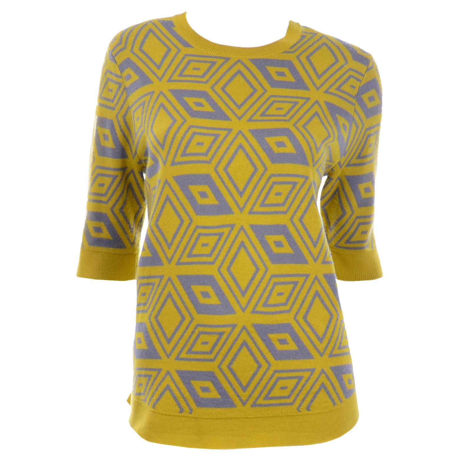 Dries Van Noten Gray and Lime Green Yellow Geometric Wool Summer Sweater