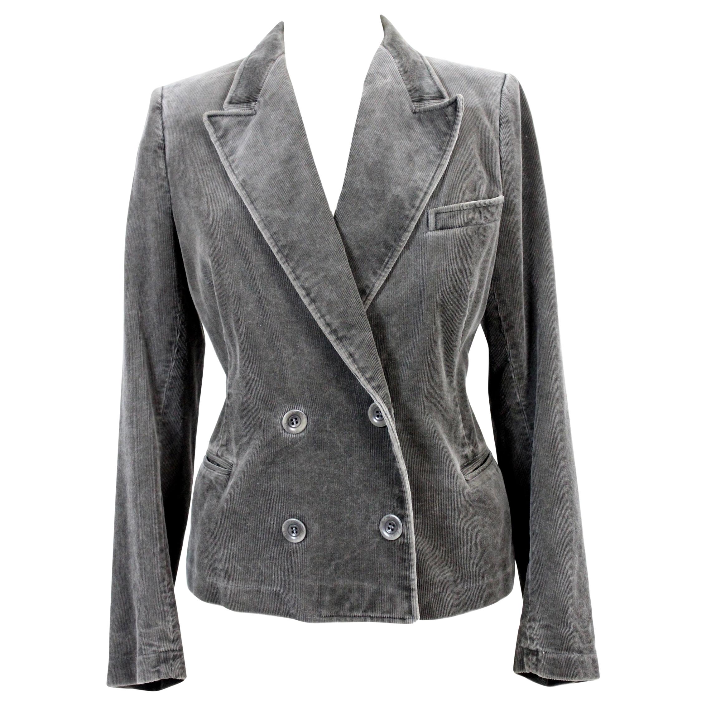 Dries Van Noten Gray Steel Cotton Velvet Jacket Double-Breasted 2000s Flared